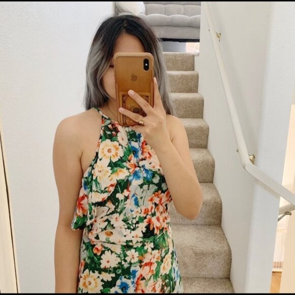 Zara Basic | Z1975 Denim Floral Halter Ruffle Sleeveless Mini Dress | Size Large - Picture 2 of 12